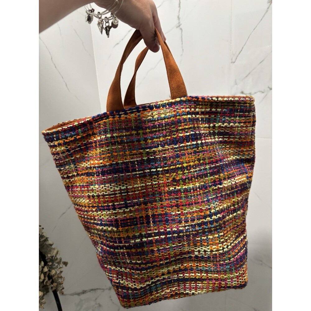 Atenti Multicolor Woven Tote Bag Brown Top Handles Colorful Accent Women
